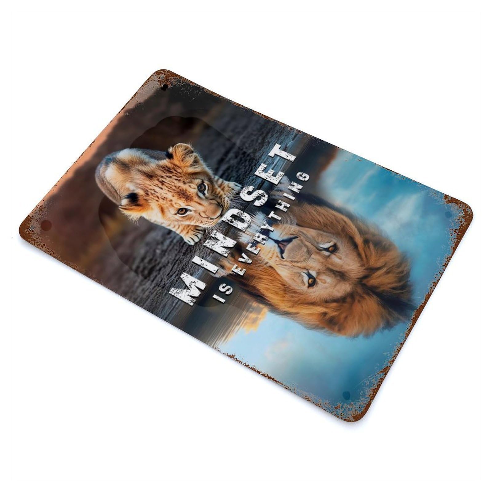 Lion Cub Mindset Vintage Rust Metal Sign 11.8"x7.9", Ideal for Basement, Hobby Room And Garage Decor