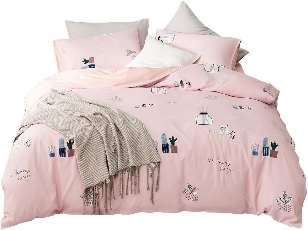 Cactus Printed Kids Bedding Duvet Cover Set Twin Reversible 100% Cotton Comforter Cover White Green Children Plant Duvet Cover with 2 Pillow Shams,3 Piece Twin Bed Girls Bedding Cover Set,Cactus