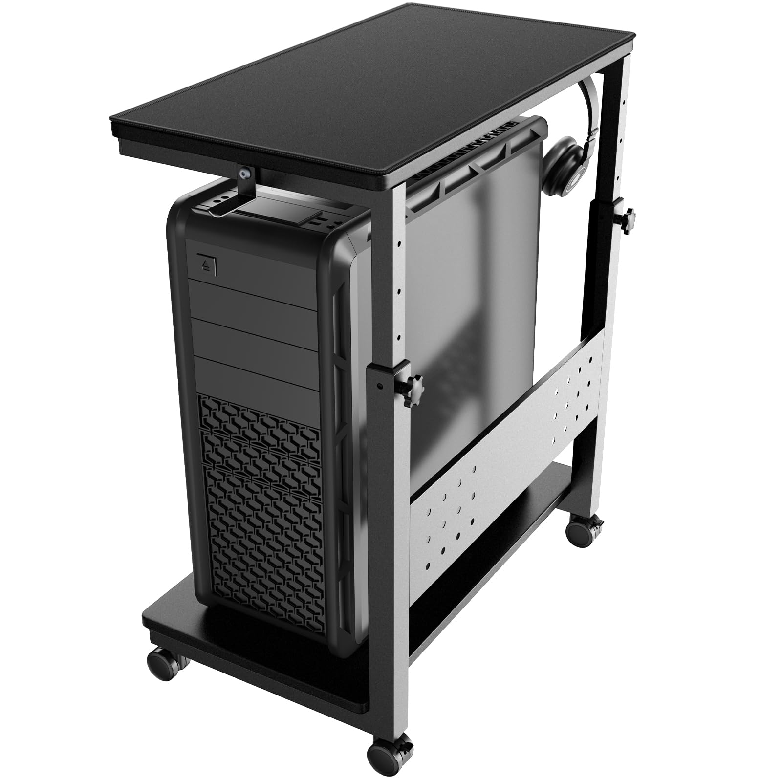 PUTORSEN Computer Tower Stand Cart - 2-Tier CPU Cart with 4 Casters, Rolling Holder with Pegboard & 2 Hooks, Height Adjustable from 19 1/8" to 31 11/