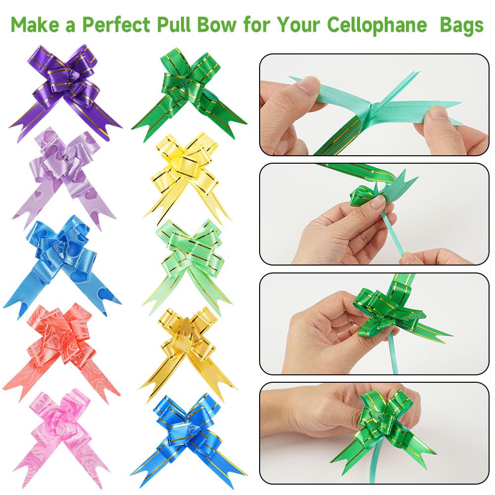 100 Sacchetti in Cellophane Trasparente 14x20 cm, Sacchetti Trasparenti per Alimenti con 100 Fiocchi e Lacci Intrecciati per Caramelle, Biscotti e Altre Confezioni Regalo