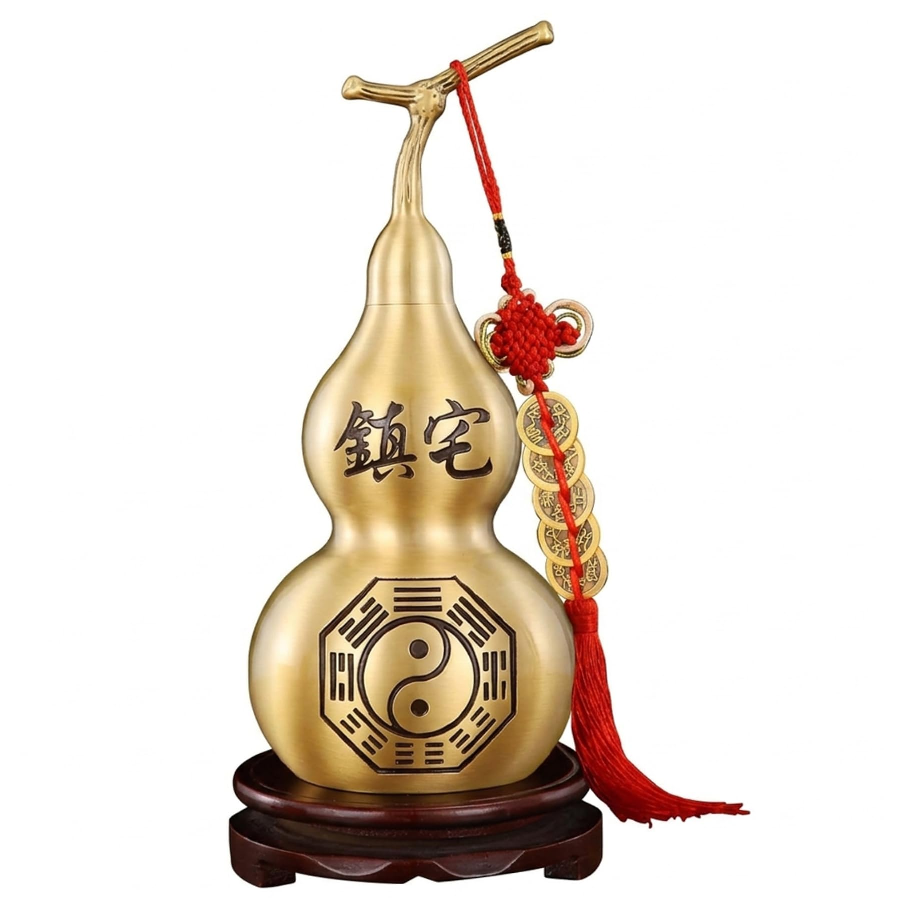 Xdyyjrasa Wu Lou Feng Shui Decor - 15cm Hollow Brass Gourd with Five Emperor & Cinnabar, Wealth Symbol with Stand & Crystals