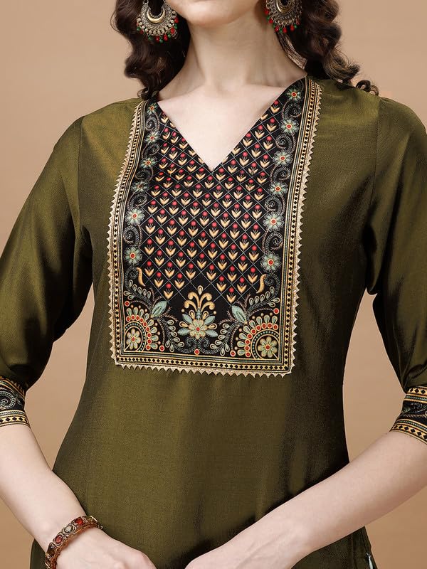Image of MOJILAA Women's Silk Kurta Set (MJ0083-SKD-NP-L Green