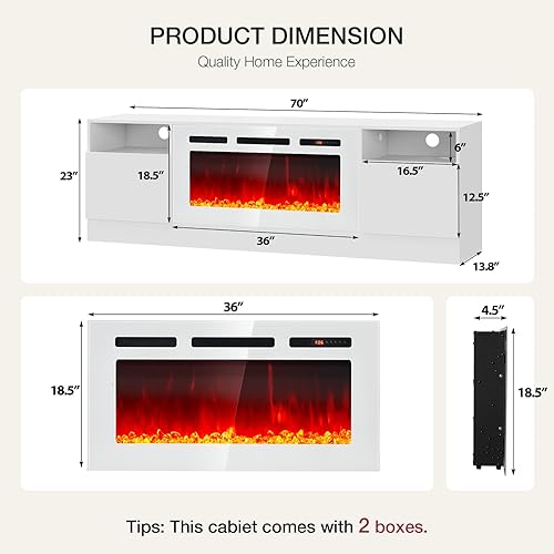Miniatura 4 de Soporte de TV de 70 pulgadas con chimenea eléctrica de 36 pulgadas, gran centro de entretenimiento moderno con armario de almacenamiento y luces LED