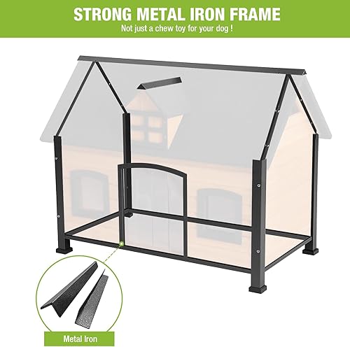GUTINNEEN Casa para perros con marco de metal, casa para gatos al aire libre, perrera de madera para invierno resistente a la intemperie