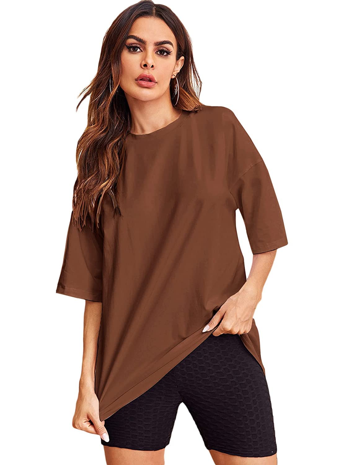 SPUNNWomen's Cotton Blend Round Neck Half Sleeves Oversized Drop Shoulder Loose Fit T-Shirt for Women's and Girl's