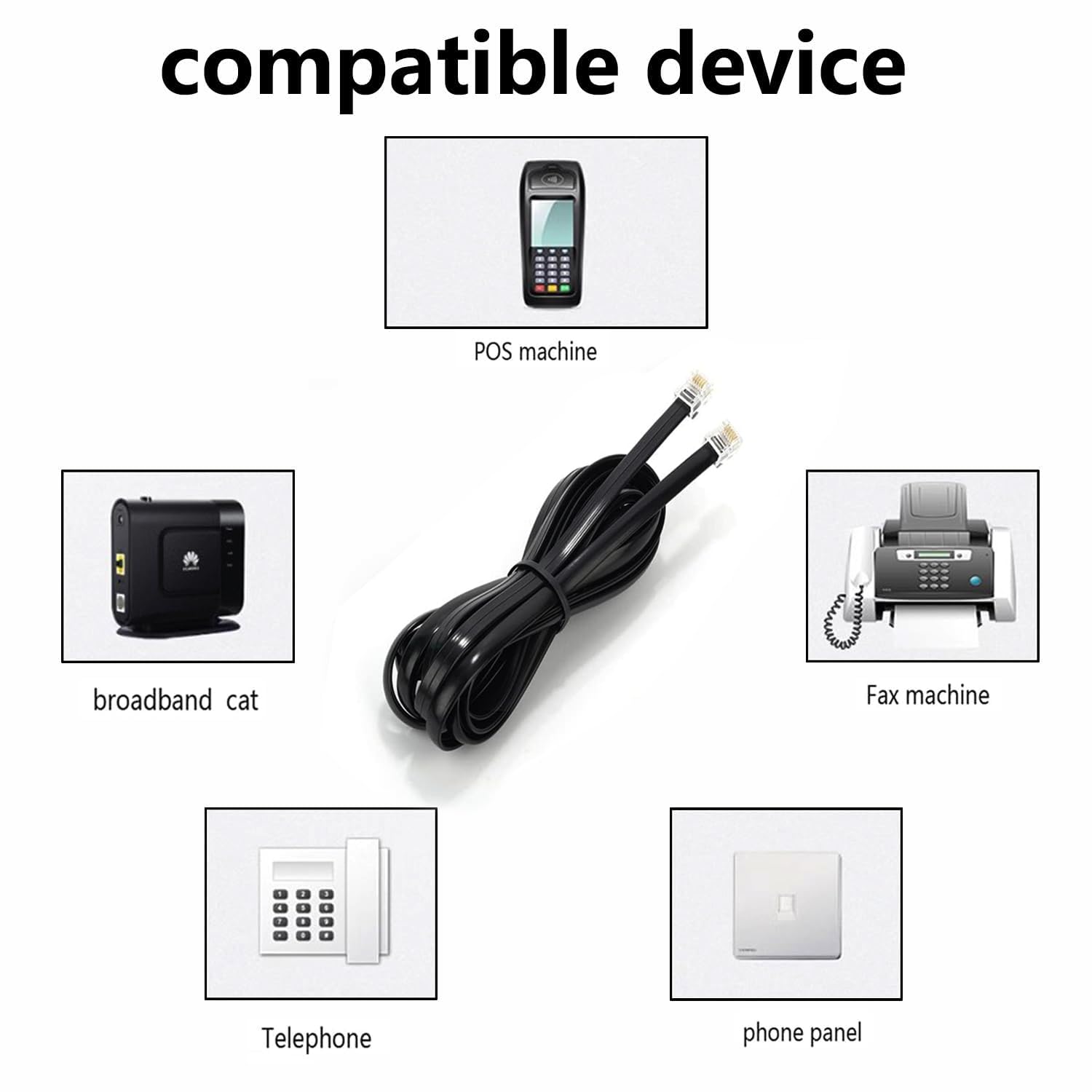 Paquete de 4 cables de extensión para teléfono, cable de teléfono con enchufe RJ11 estándar (6P4C), negro, para teléfonos fijos, fax, módems, contestadores automáticos