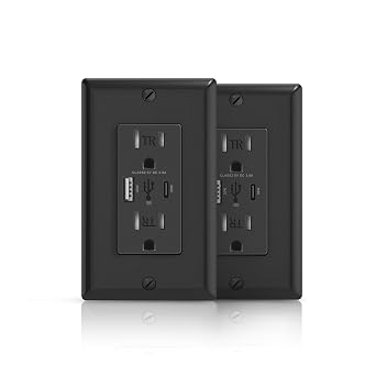Black Wall Outlet with USB-A & USB-C Ports, 3.6A Dual High Speed Receptacle Outlet Support Fast Charging Capability, 15 Amp Tamper-Resistant Outlet, Wall Plate Included, UL Listed, 2 Pack