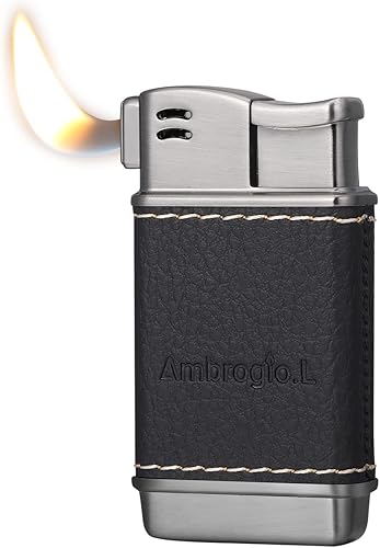 Ambrogio.L Encendedor de pipa - Encendedores de butano recargables de cuero genuino suave para hombres, negro cepillado
