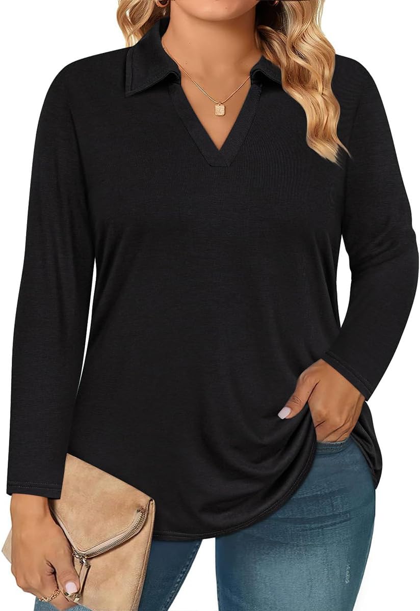 RITERA Plus Size Polo Shirts for Women Fall Long Sleeve V Neck Tops Casual Collared Blouses XL-5XL
