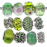 RUBYCA Murano Lampwork Charm Glass Beads Tibetan Crystal European Bracelet Mix Assortment Green 15Pcs