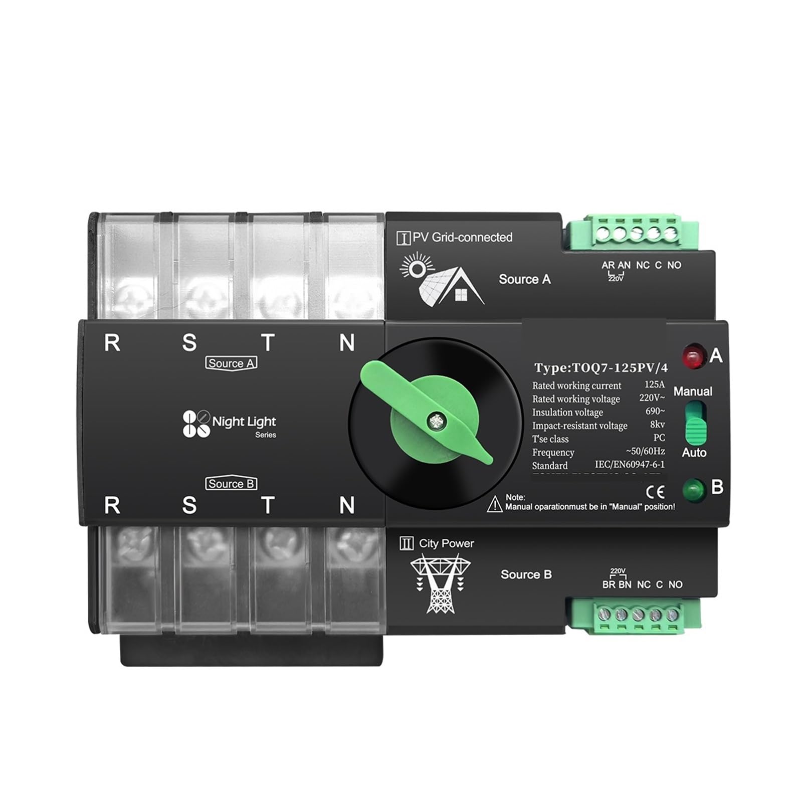 Interruptor de transferencia automática 4P 63A para evitar cortes en paneles solares trifásicos 4