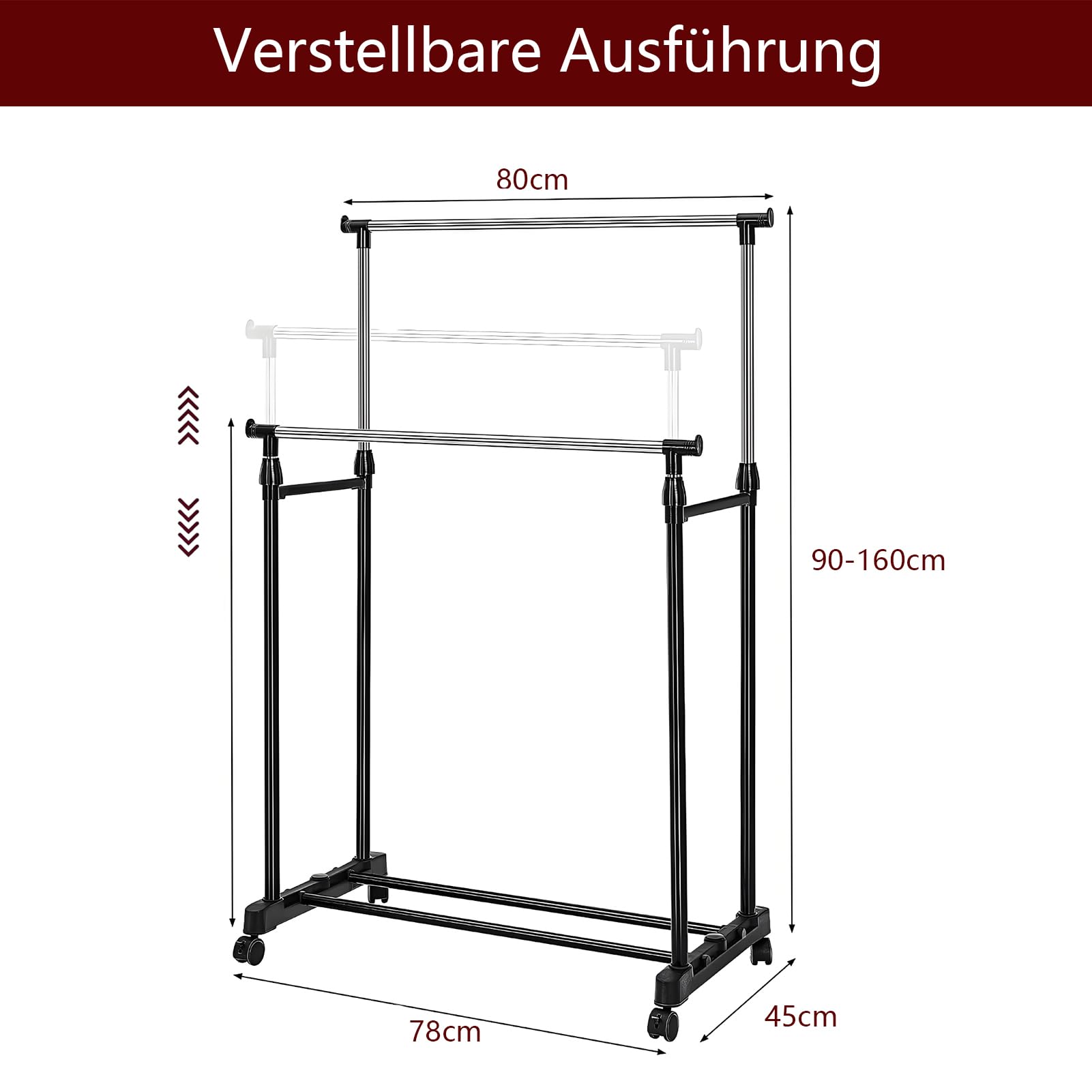Kleiderständer mit Rollen Tragbarer Kleiderständer Höhenverstellbare Stabiler Kleiderstange 90-160cm Ausziehbare Hängeschienen Metallrahmen Schwarz für Schlafzimmer Waschräume
