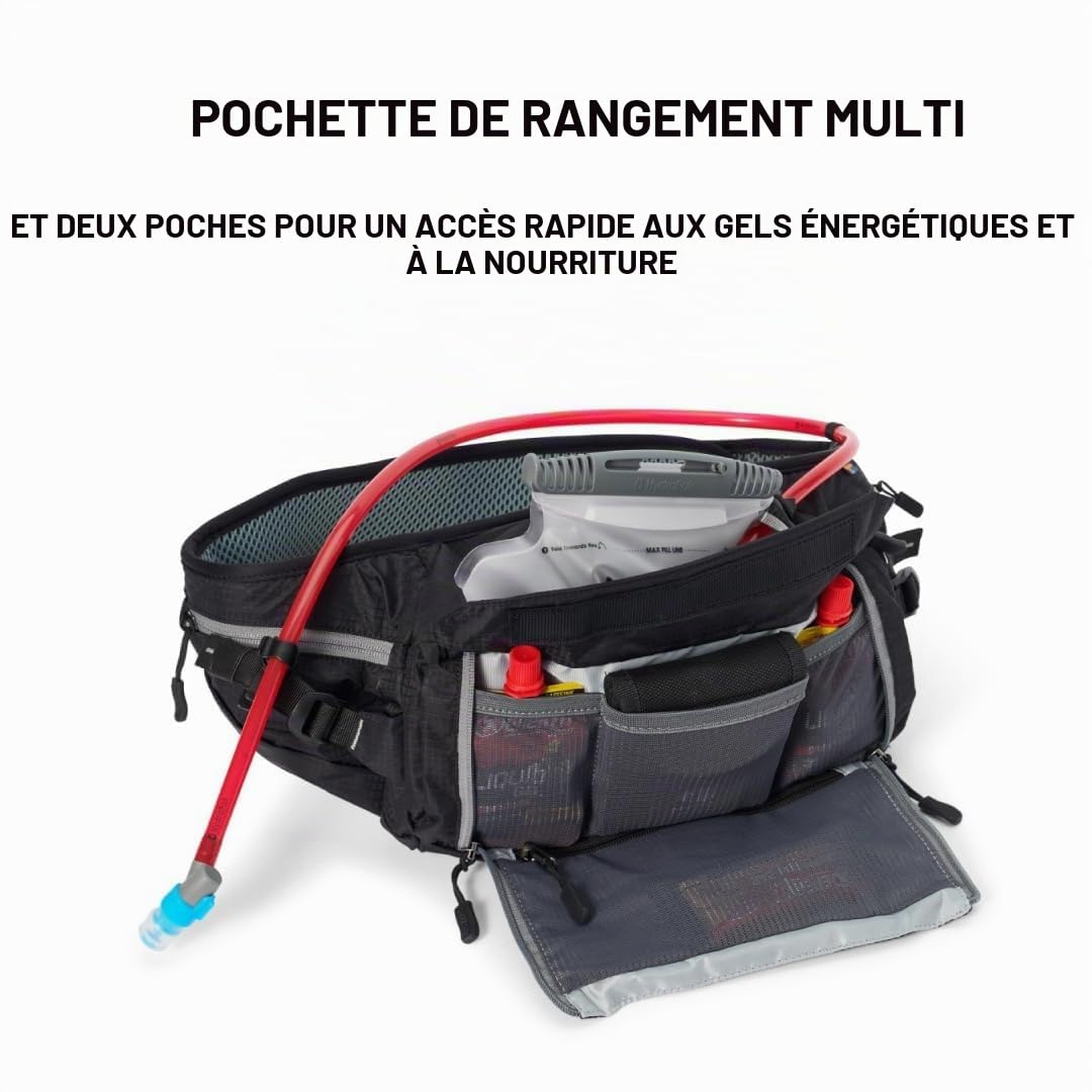 USWE Zulo Sac d'hydratation avec organiseur et poches latérales, ceinture anti-rebond (noir carbone, 6 L)