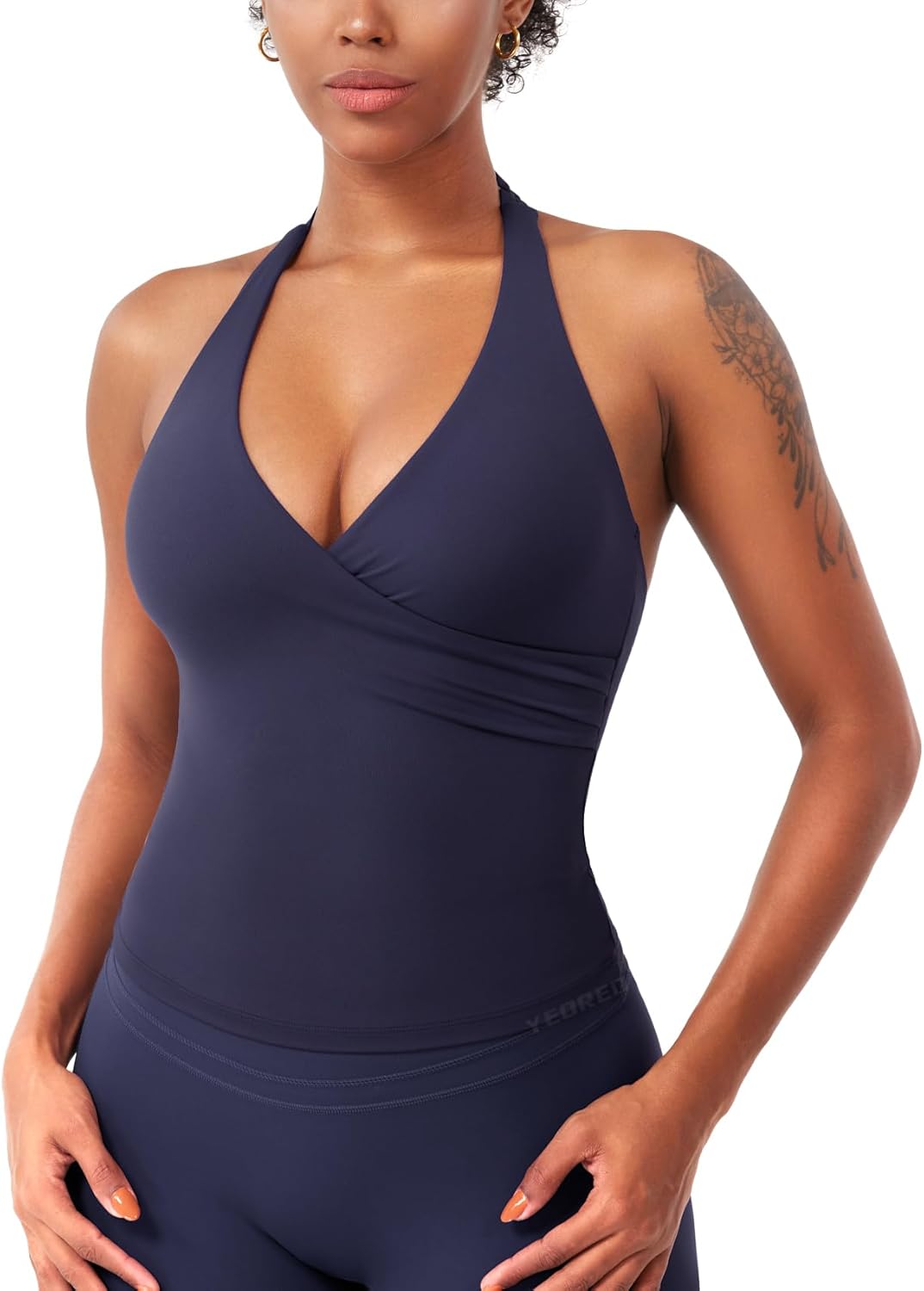 YEOREO Womens Halter Tank Tops Workout Impact Longline Strappy Top Padded Deep V Neck Wrap Gym Backless Bra Camisole