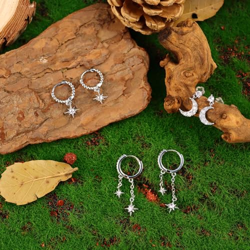 6 Pcs/6 Pairs Hypoallergenic 925 Sterling Silver Stud Post 14K Gold Earrings for Women Moon Star Hoop Stackable Cubic Zirconia Chain Dangle Earring Set Stacks for Multiple Piercings3
