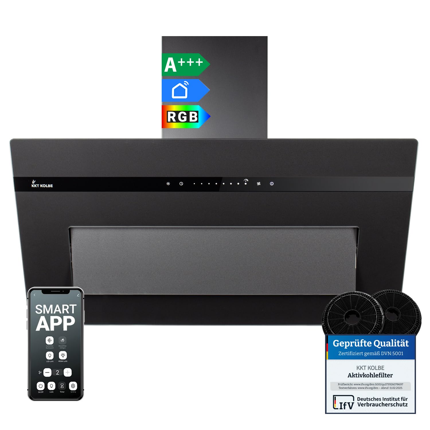 KKT KOLBE A+++ Dunstabzugshaube 90 cm 782 cbm/h Umluft Abluft Kopffrei Wandhaube | Glas Matt Schwarz | Nachlaufautomatik | Smart WiFi App WLAN | SensorTouch | RGBW LED-Beleuchtung | PLOOM9005S