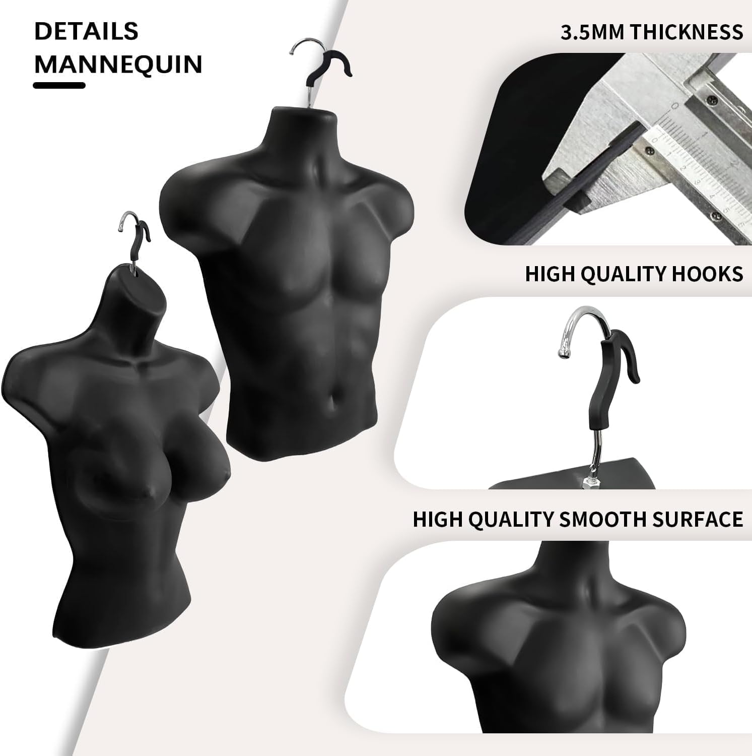 4 PCS Silver Male Mannequin Torso, Hanging mannequins with Hooks, Hollow Backs, Stackable, Suitable for T-Shirt displays, Craft exhibitions, Photography, and Design.