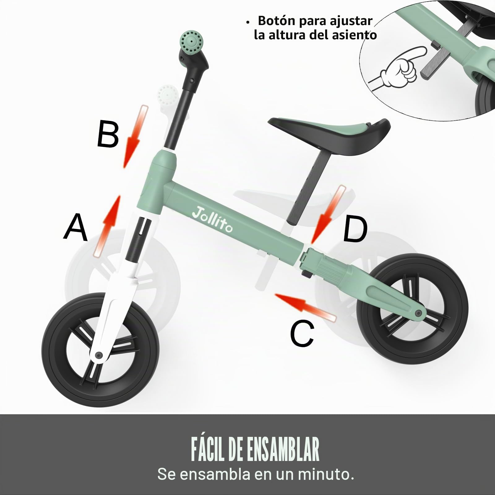 JOLLITO Bicicleta de Equilibrio para niños pequeños, Juguetes de Paseo para 18 Meses, Bicicleta de Entrenamiento Ligera sin Pedales con Rueda de 9 Pulgadas y Marco de Aluminio