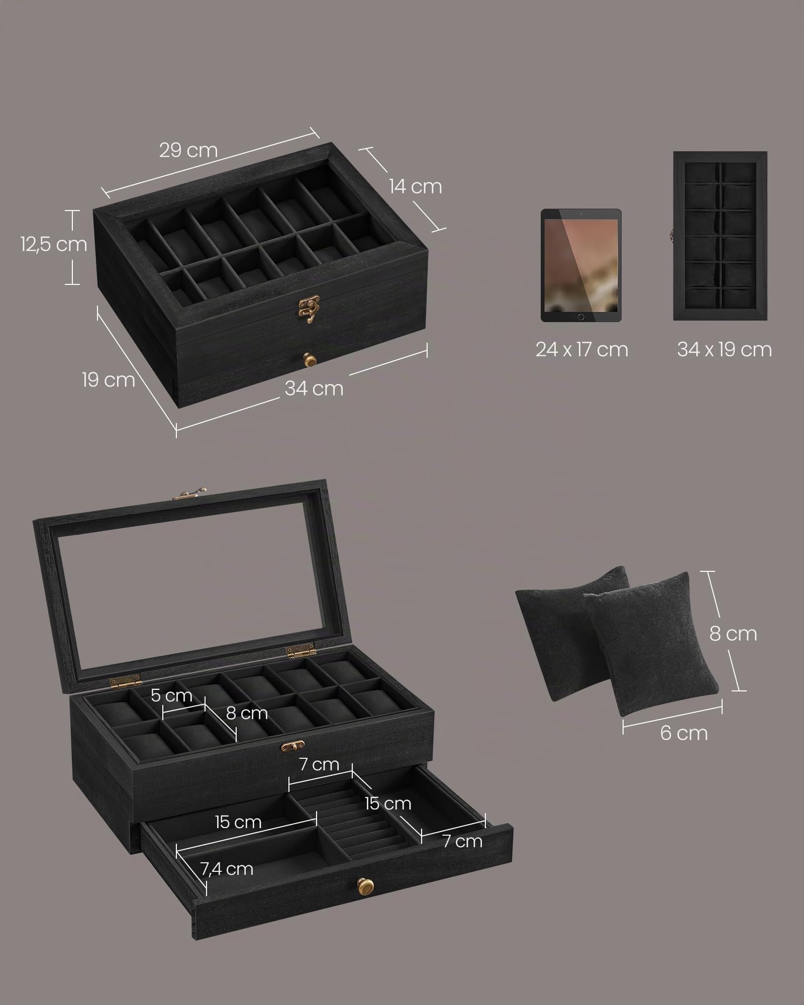 SONGMICS JOW012B02 Boîte à montres avec 12 emplacements, boîtier de montre en bois à 2 niveaux avec grand couvercle en verre, coussins de montre, doublure en velours, boîte à bijoux, Noir encre