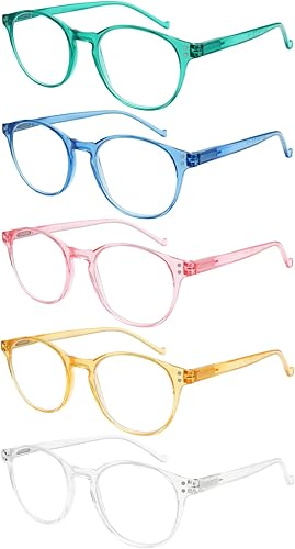 VIDEBLA Paquete de 5 lentes de lectura con bloqueo de luz azul, lectores de computadora redondos de moda para mujeres y hombres, lente transparente