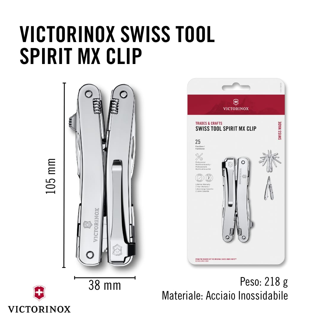 Victorinox Coltellino Svizzero Swiss Tool Spirit MX Clip, 24 Funzioni, Multi-strumento con Pinza, Cacciavite, Apriscatole, Argento