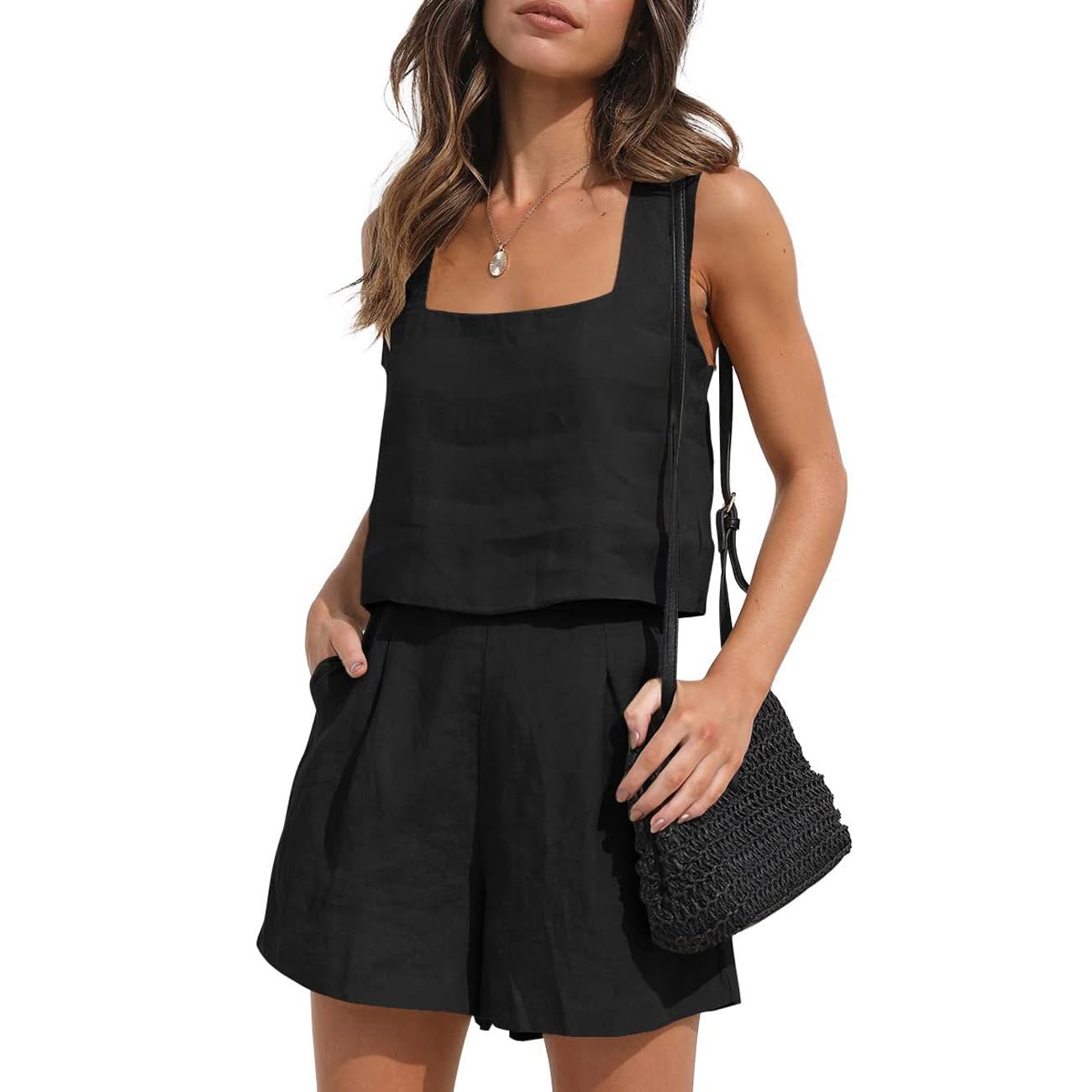 RPAEOY Conjunto Deportivo Mujer De Lino 2 Piezas Cuello Cuadrado Sin Mangas Pantalones Cortos y Crop Top Casual Lounge Ropa Verano para Hogar Calle Viaje Vacación Negro