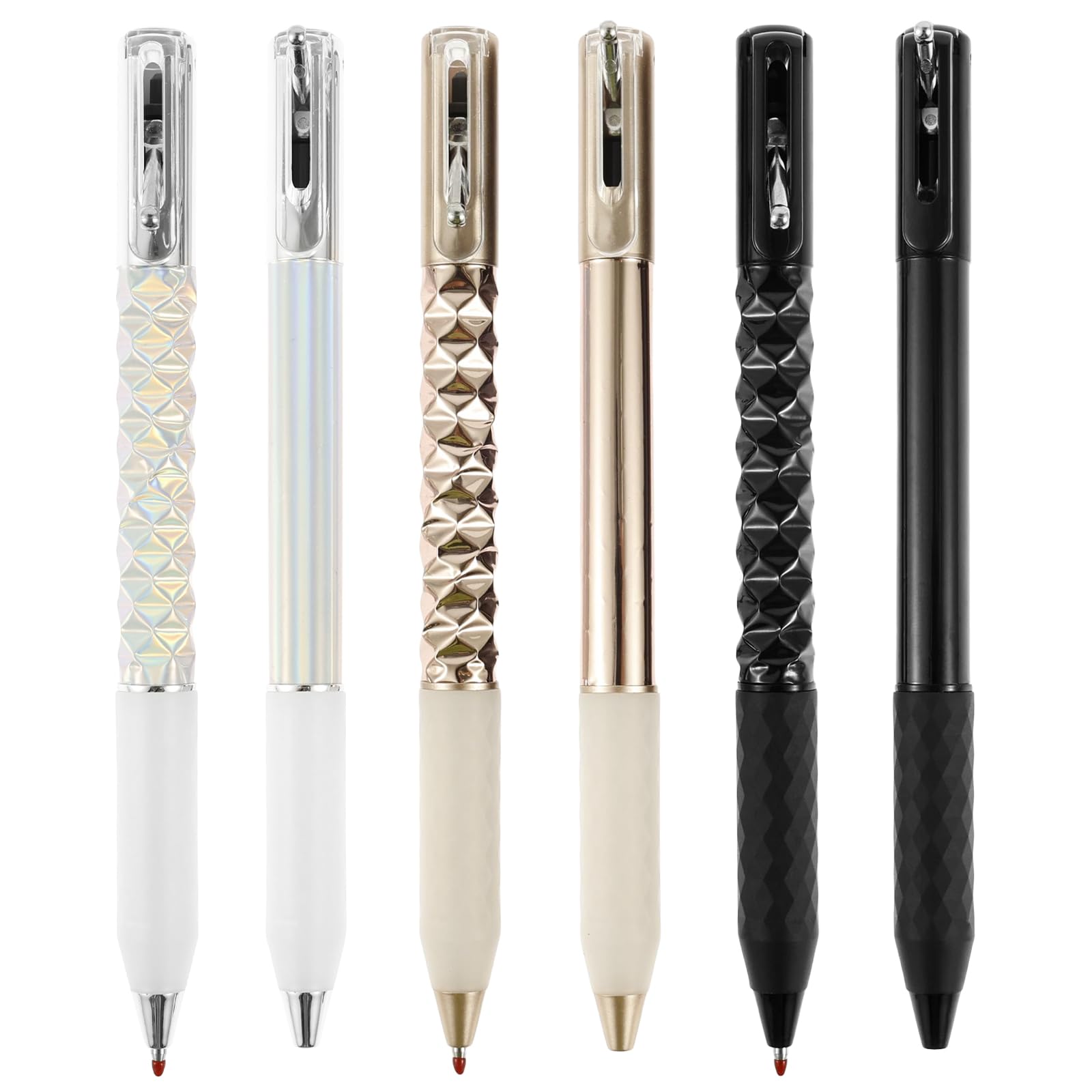 NIHUIFDPY 6Pcs Geometric Metal Crinkle Pen Fidget, Funny Crunchy Sensory Pen, Stress Relief Shape Shifting Switch Writing Pens for School Home Office Supplies, 0.5mm Retractable Gel Pens