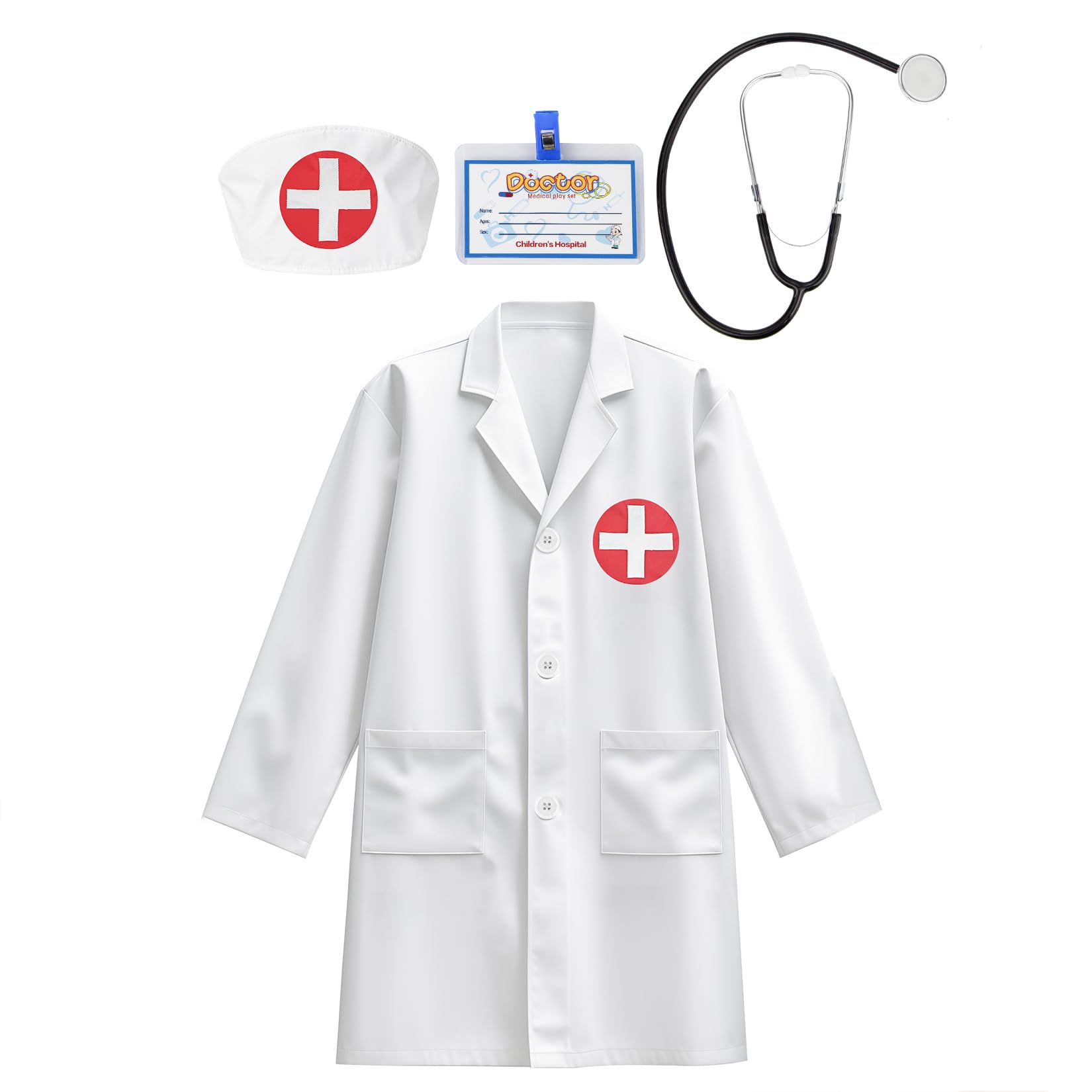 Juego de abrigo de médico para niños con estetoscopio, disfraz de cosplay para niños, regalo del día de la carrera para niños y niñas de 3 a 12 años, 4 piezas