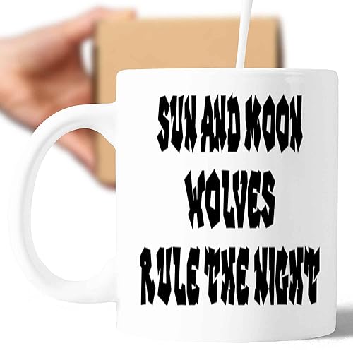 Novelty Gift Ideal Gift for Men & Women Nature Lovers - Unique Wolf Design - Sun and Moon Wolves Theme - 11 Oz White Ceramic Coffee Mug
