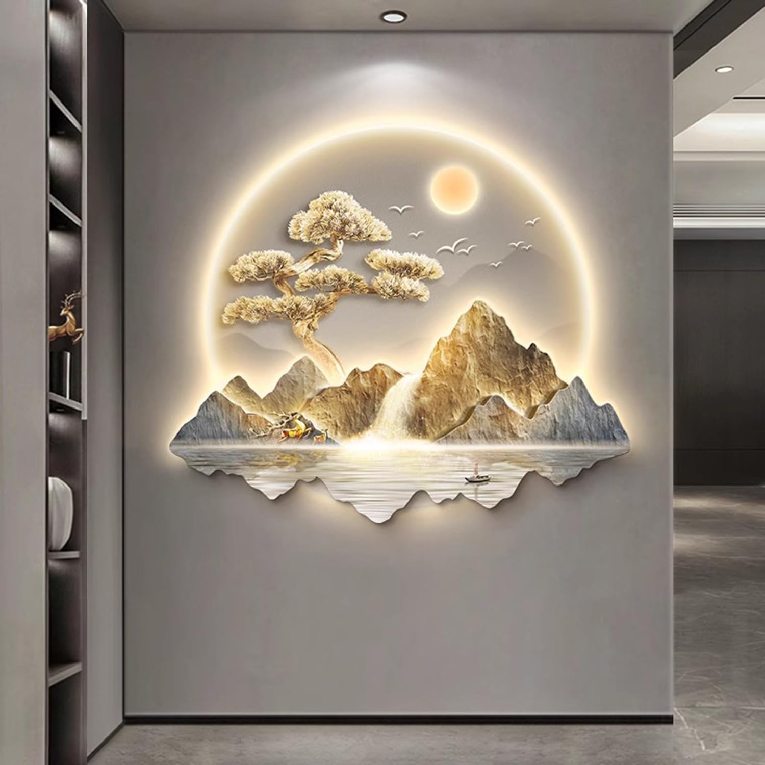 Malarstwo ścienne 3D Rzeźba wisząca na ścianie ， Dekoracja ścienna LED w stylu chińskim, dekoracja ścienna Zen Wall Art Nightlight, witający obraz ścienny z sosną(B,48 * 55cm)