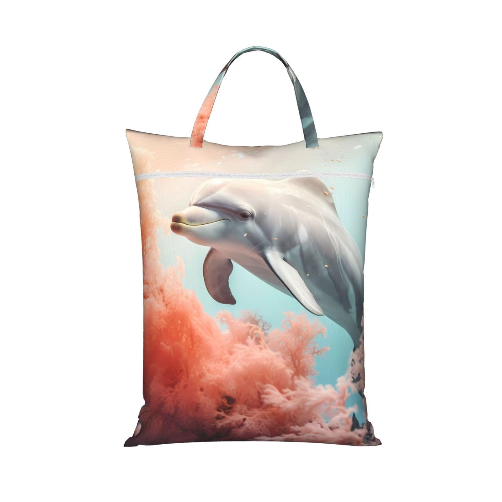 Dolphin On Coral Travel Laundry Bag With Zipper Dirty Clothes Bag Water Resistant Laundry Storage Sack Portable Organizer For Travel Beach School Camping Gym