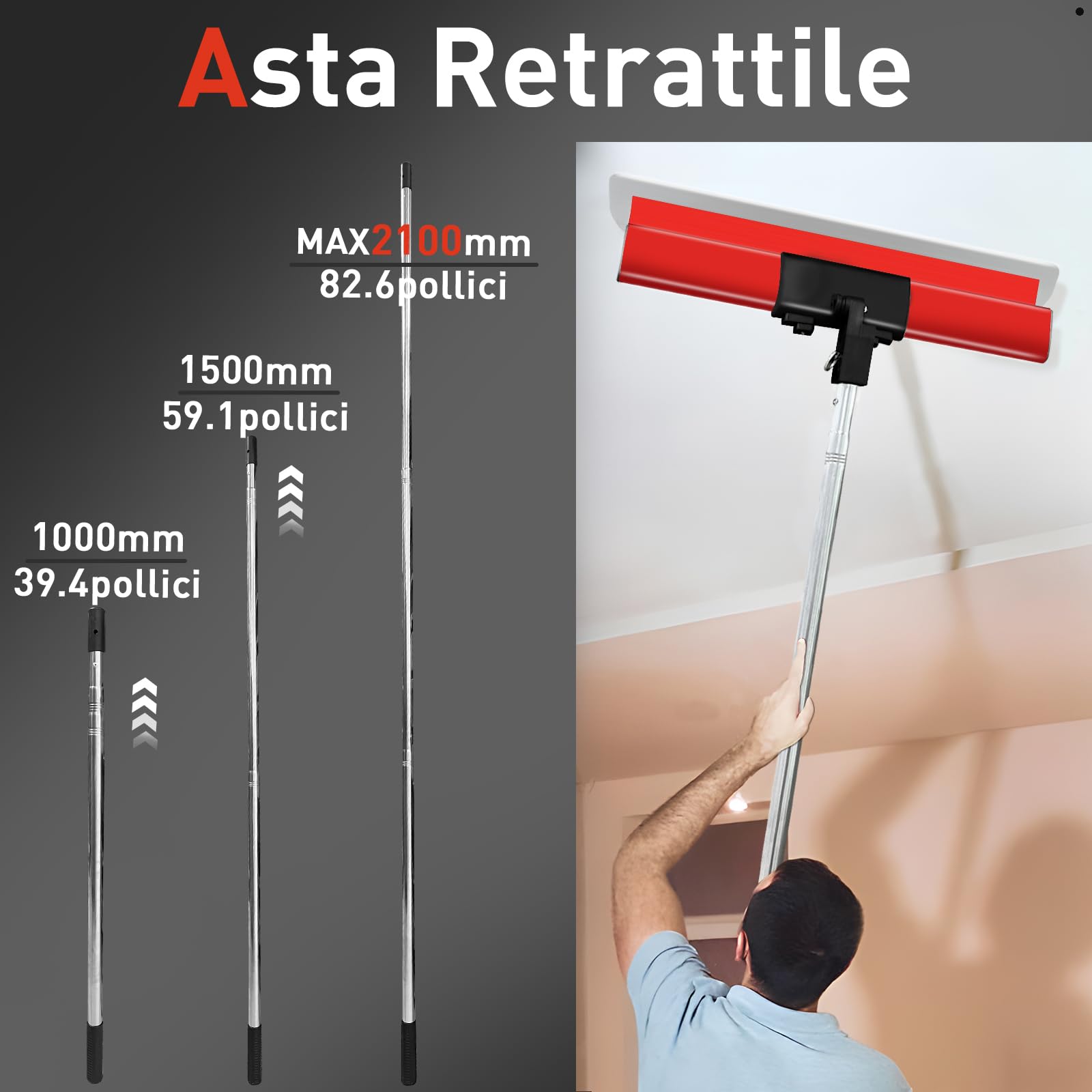 VKE Set di Spatole per Stucco 25/40/60 cm con Manico in Lega di Alluminio | con Lame Intercambiabili, Asta Telescopica da 2,1 m, Valigetta e Spatola multifunzione per Intonacare Pareti e Soffitti