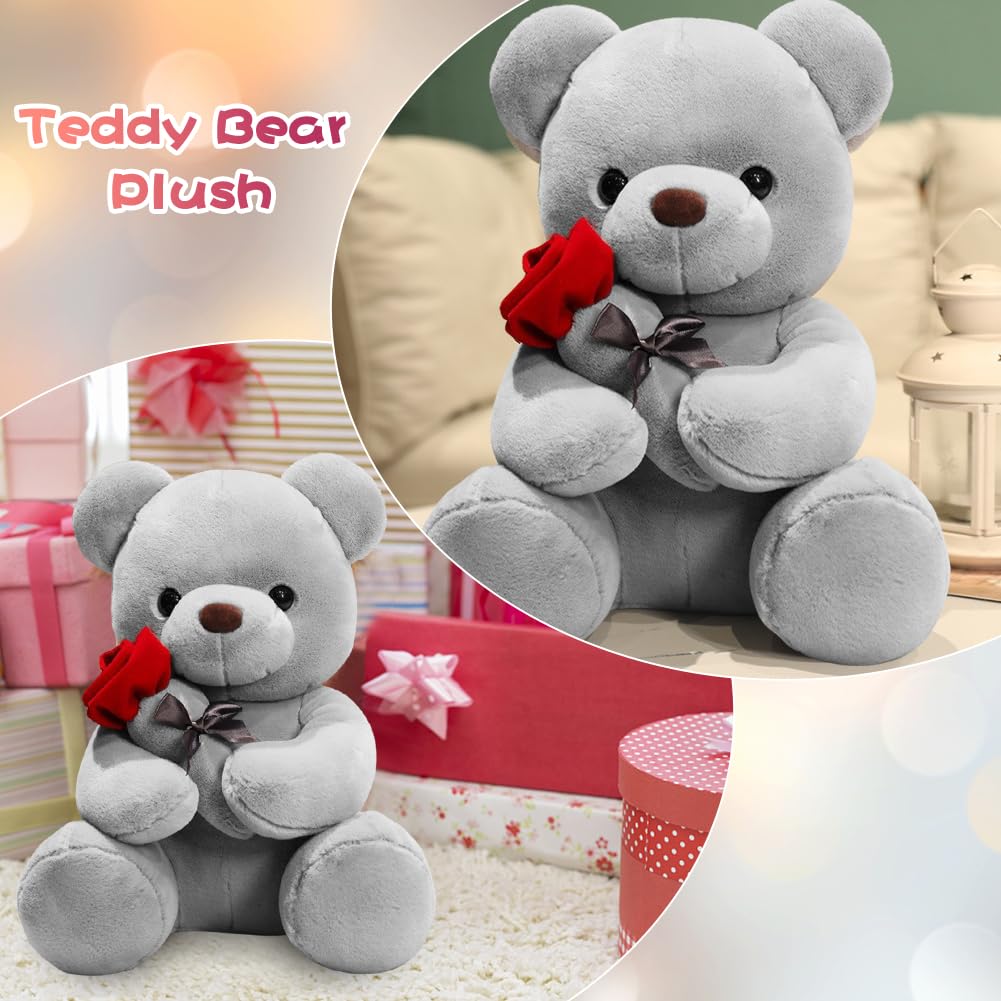 Fouvin Orsacchiotto con Rosa in Peluche 23 cm - Morbido Peluche per Bambini e Ragazze, San Valentino, Compleanni, Mamma e Decorazione Casa