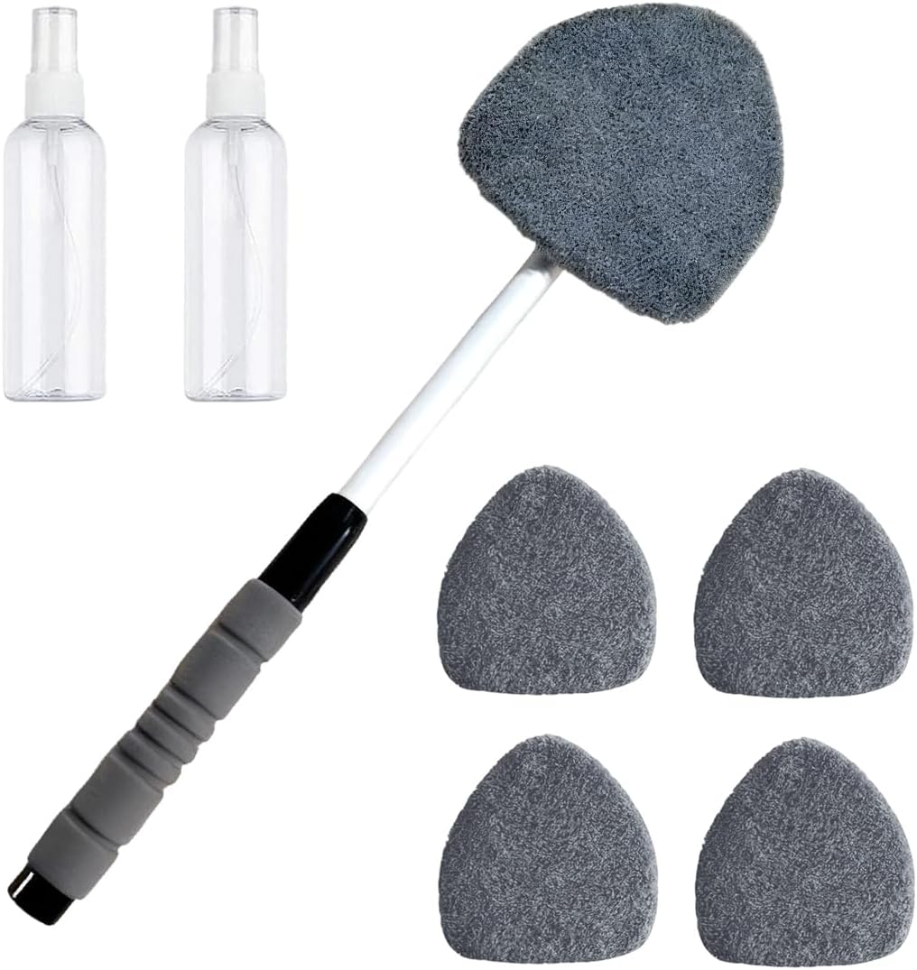 Windshield Cleaner Tool, Inside Windshield Cleaning Set, 180 Degree Rotatable Longer Extendable Windshield Cleaning Tool with 4 Pads 2Bottles, Interior Exterior Window Cleaner Tool for Car (Grey)