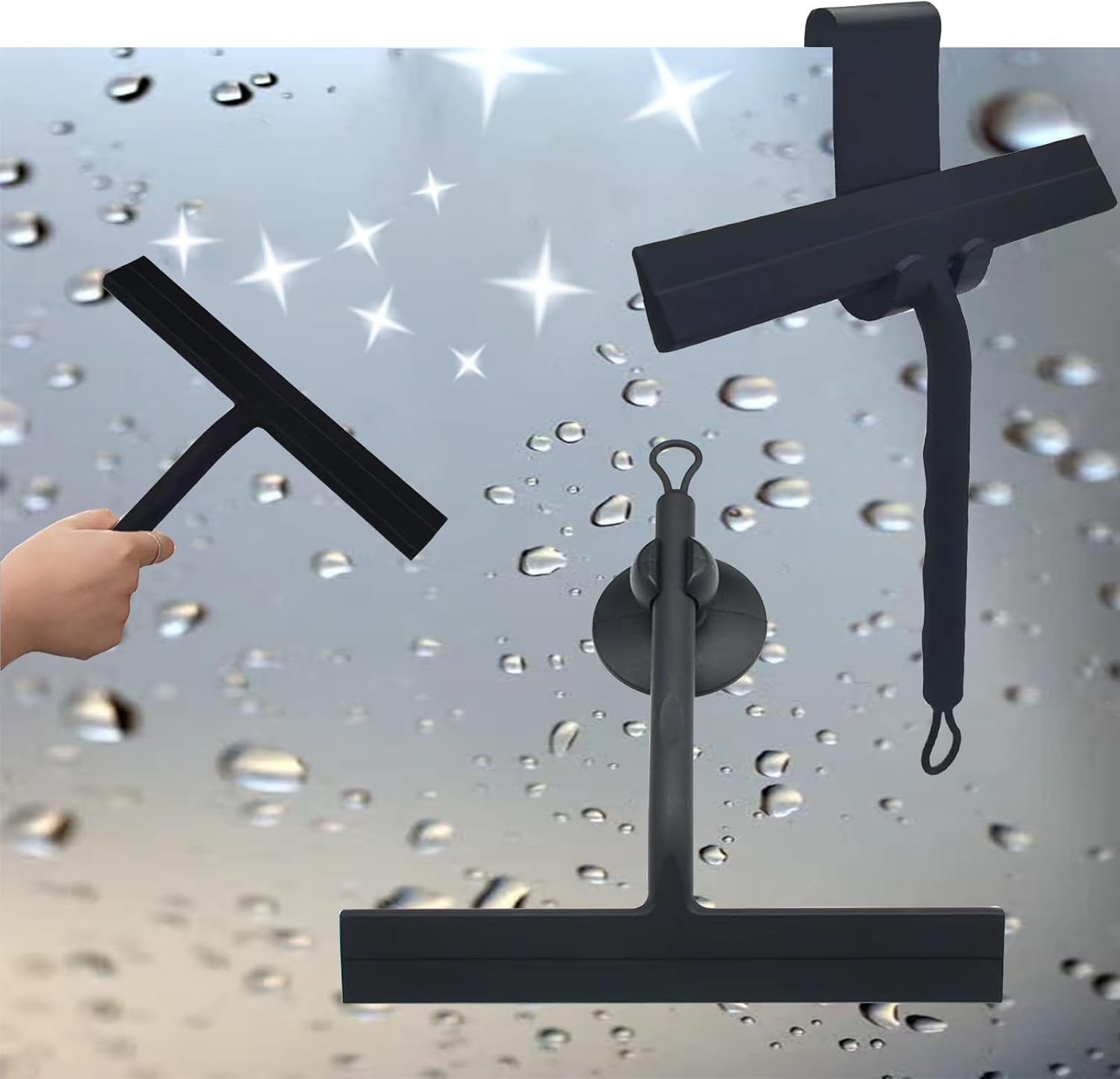 Shower Squeegee Black with Suction Cup or Stand, Silicone Shower