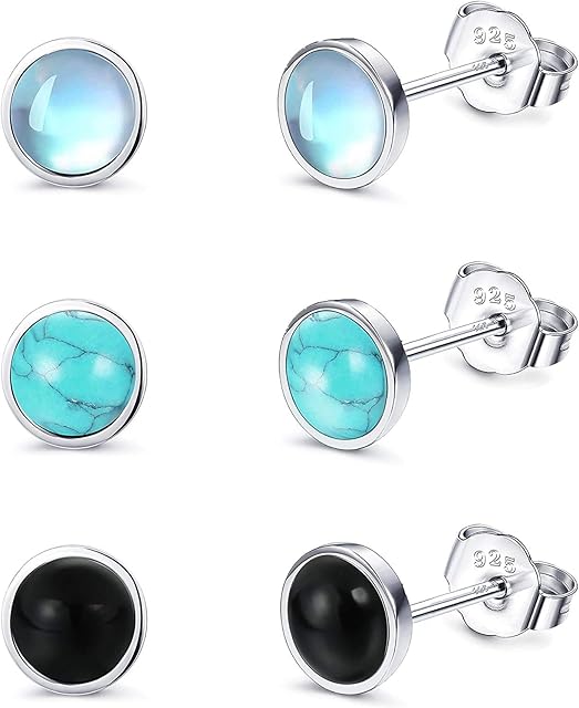 LOLIAS 4MM 925 Sterling Silver Stud Earrings Set for Womens Teens Solid Silver Moonstone Earrings Hypoallergenic Turquoise Black Earrings Round Gemstone Stud Gift Daughter Christmas Valentines Day