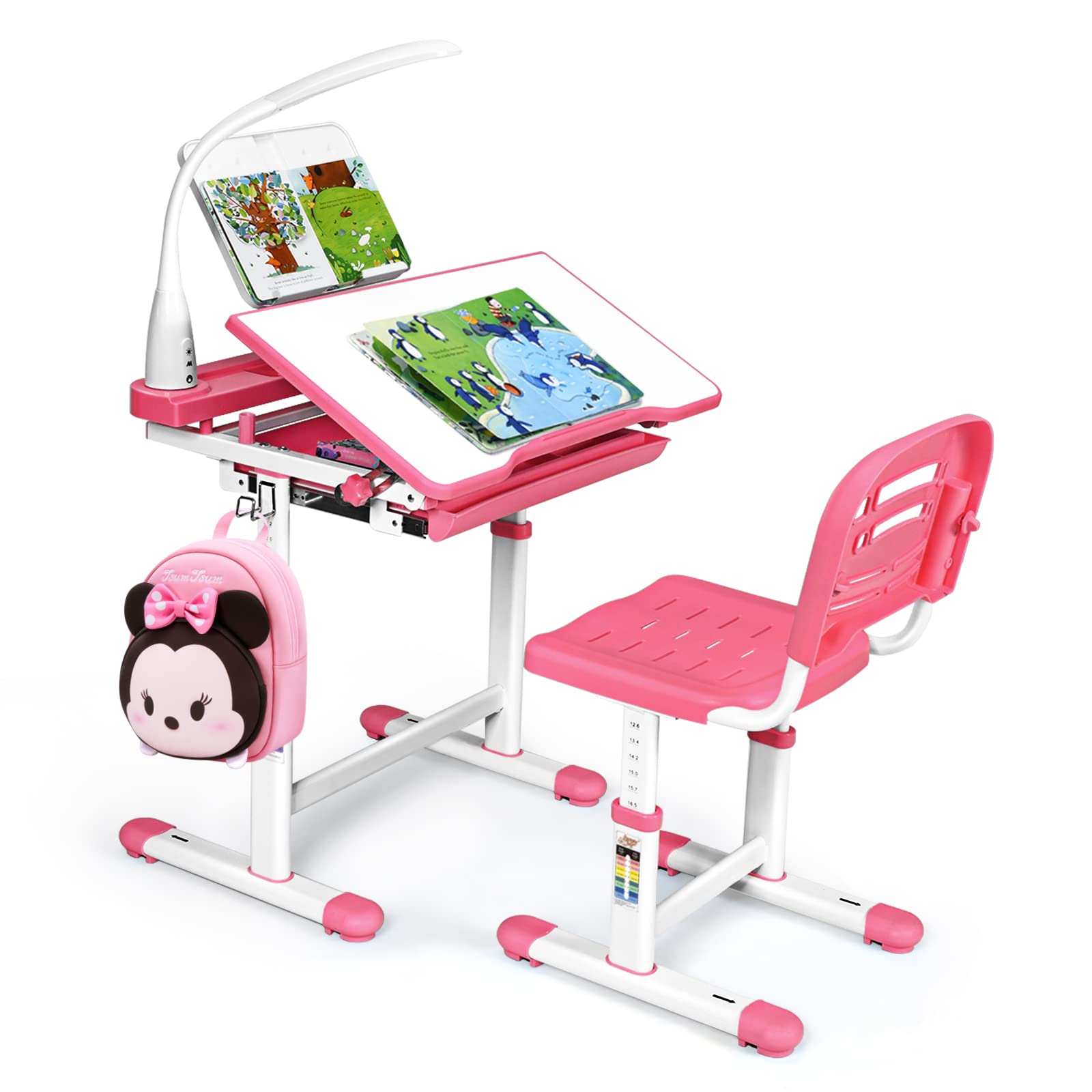 RELAX4LIFE Höhenverstellbarer Kinderschreibtisch mit Stuhl, Schülerschreibtisch mit Augenschutzlampe, Schreibtischset mit Verstellbarer Rückenlehne, Kindertisch mit kippbarer Tischplatte (Rosa)
