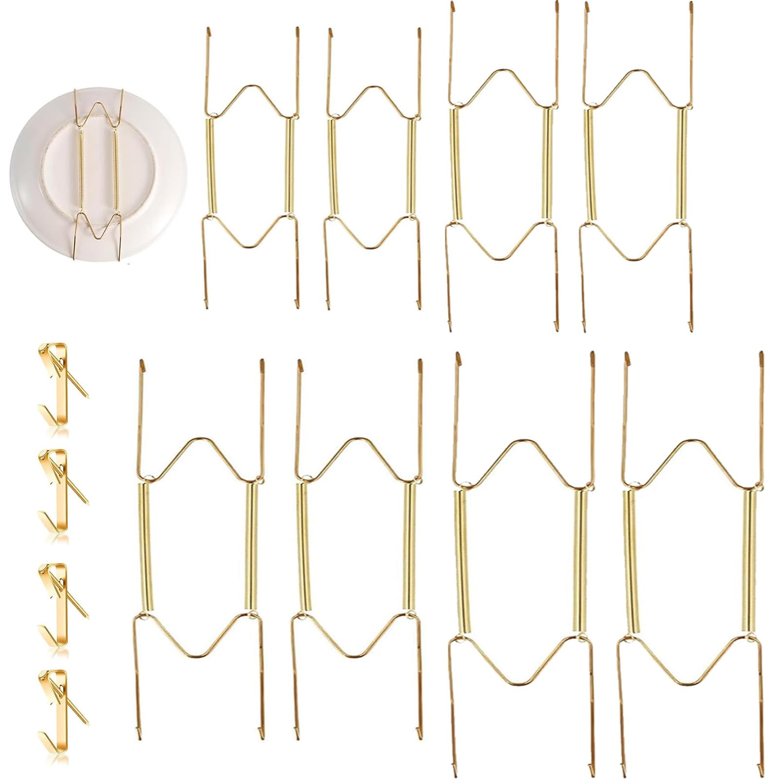 Novastream 8 Pack Wall Plate Hangers, W-Shaped Spring Plate Hanger, Plate Hangers for Walls, Invisible Plate Holder for Wall & Plate Wall Mount, with 4x50LB Plate Hooks for Wall (Gold)