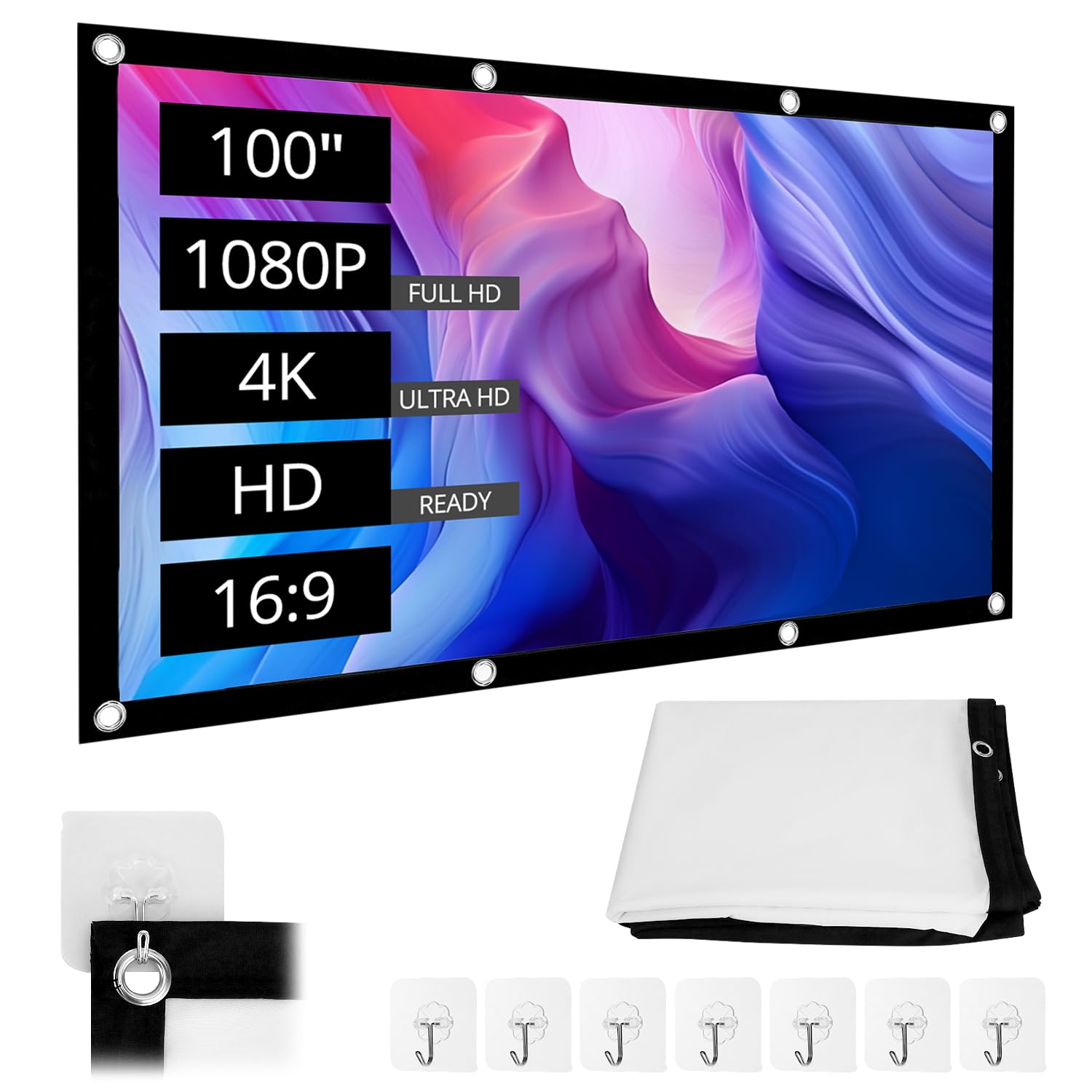 QWORK® Schermo per proiettore 100 pollici, 16:9 HD schermo proiettore pieghevole, 221 x 125 cm schermo per proiezione antirughe con accessori, per uso interno ed esterno