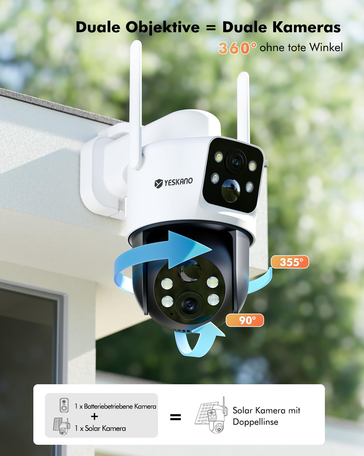 YESKANO 6MP Überwachungskamera Außen Solar,360° PTZ Kamera Überwachung mit Dual-Objektiv,2K Kabellos WLAN Kamera Outdoor, Dual PIR,Farbnachtsicht | 6-W-Panel, App-Steuerung, Farb-Nachtsicht, bidirektionales Audio, Schutzart IP66