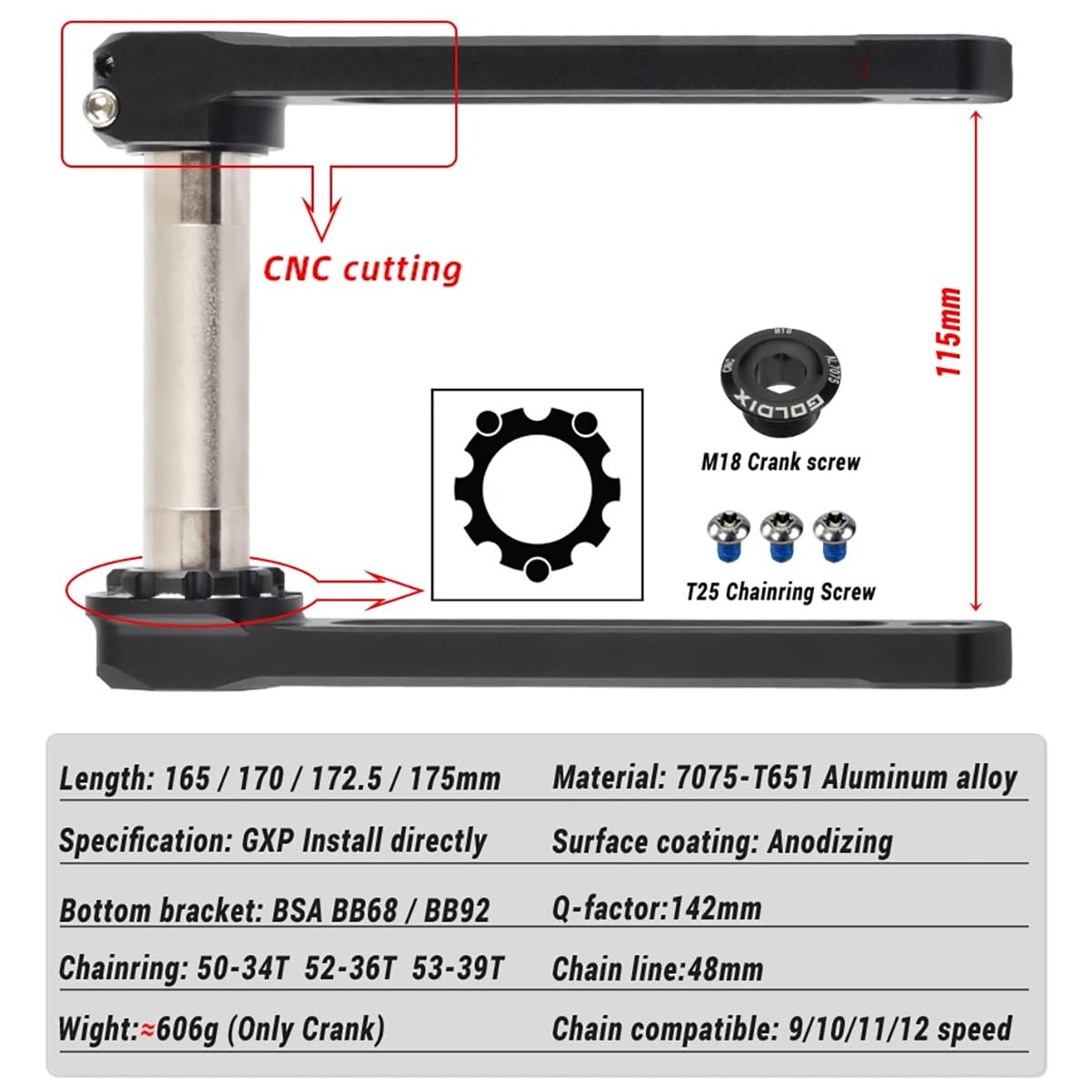 165/170/172,5/175 Mm Set di Pedivelle per Bici da Strada Lega di Alluminio Guarnitura GXP con BB 50-34T/ 52-36T /53-39T Doppio Ingranaggio per 9-12 velocità(53-39T,175mm)