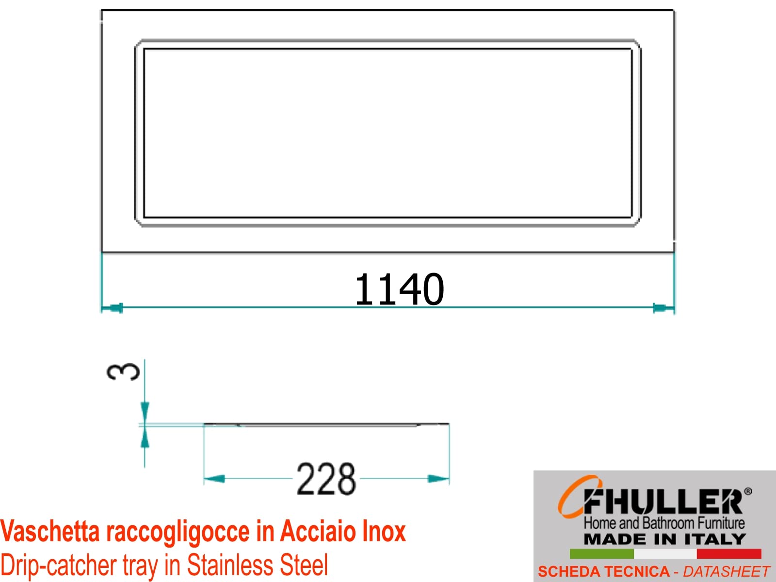 Fhuller Made in Italy Vaschetta Raccogligocce in Acciaio Inox 114 cm per Scolapiatti da Incasso per Mobile Pensile cm.120