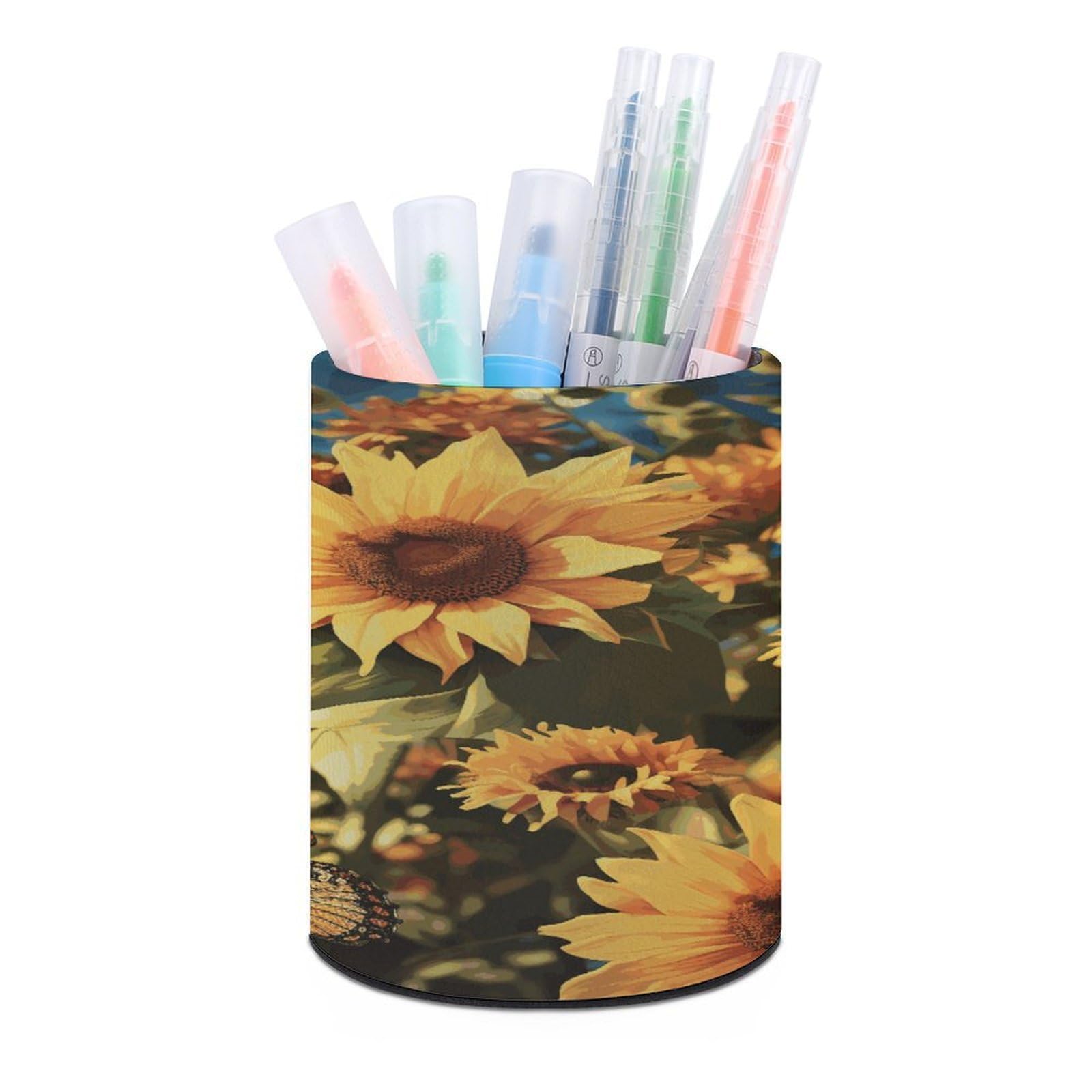 FekiLoot Sunflowers And Butterflies Pen Holder Personalized Desktop Pencil Holders Case Office Accessories Container Box for Round Pen Cup Desktop Organizer Makeup Brush Holder Caddy Storage