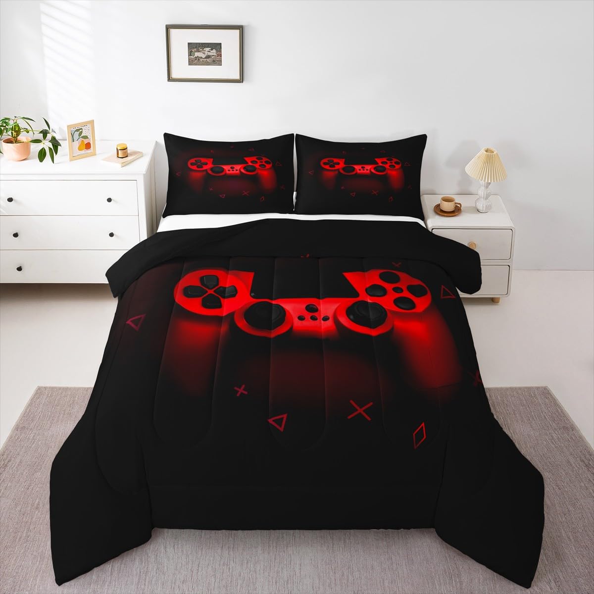 Boys Gamer Comforter Set King Size,Gamepad Bedding Set Kids Young Man Video Games Down Comforter for Teen Child Game Room Decor Black Red Classic