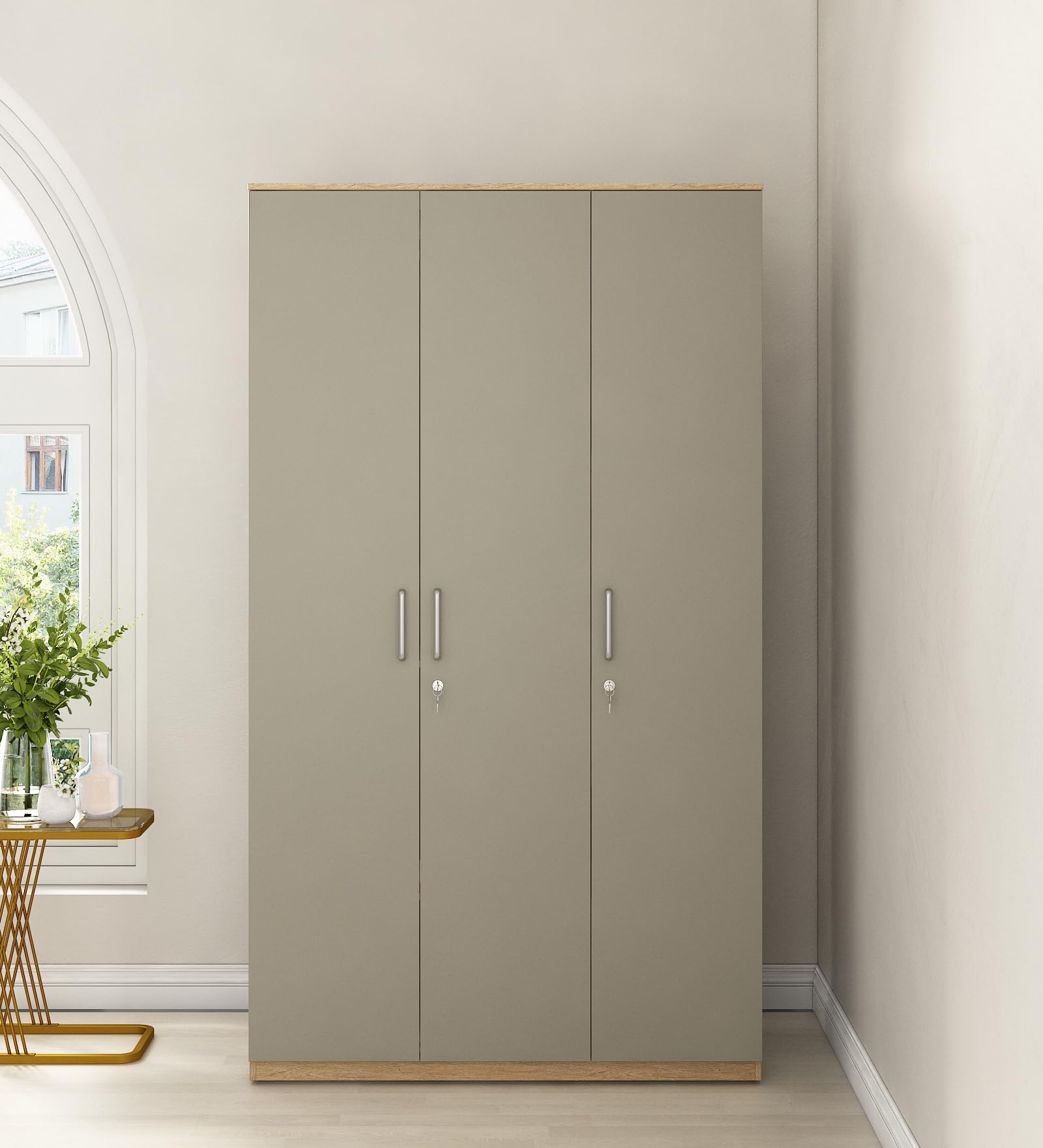 Spacewood Nester 3 Door Wardrobe | 3 Year Warranty | Almirah, Cupboard, Almari, 3 Door Wardrobe Without Mirror, 1 Hanging Space with 1 Drawer (Lockable)|Engineered Wood| Sebastian Oak-image-15