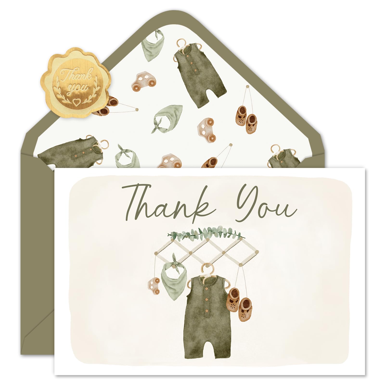 FYSUIMU Baby Shower Thank You Cards 24 Pack Green Vintage Baby Note Card with Envelopes Stickers Cute Greeting Blank Cards for Birthday Gender Reveal
