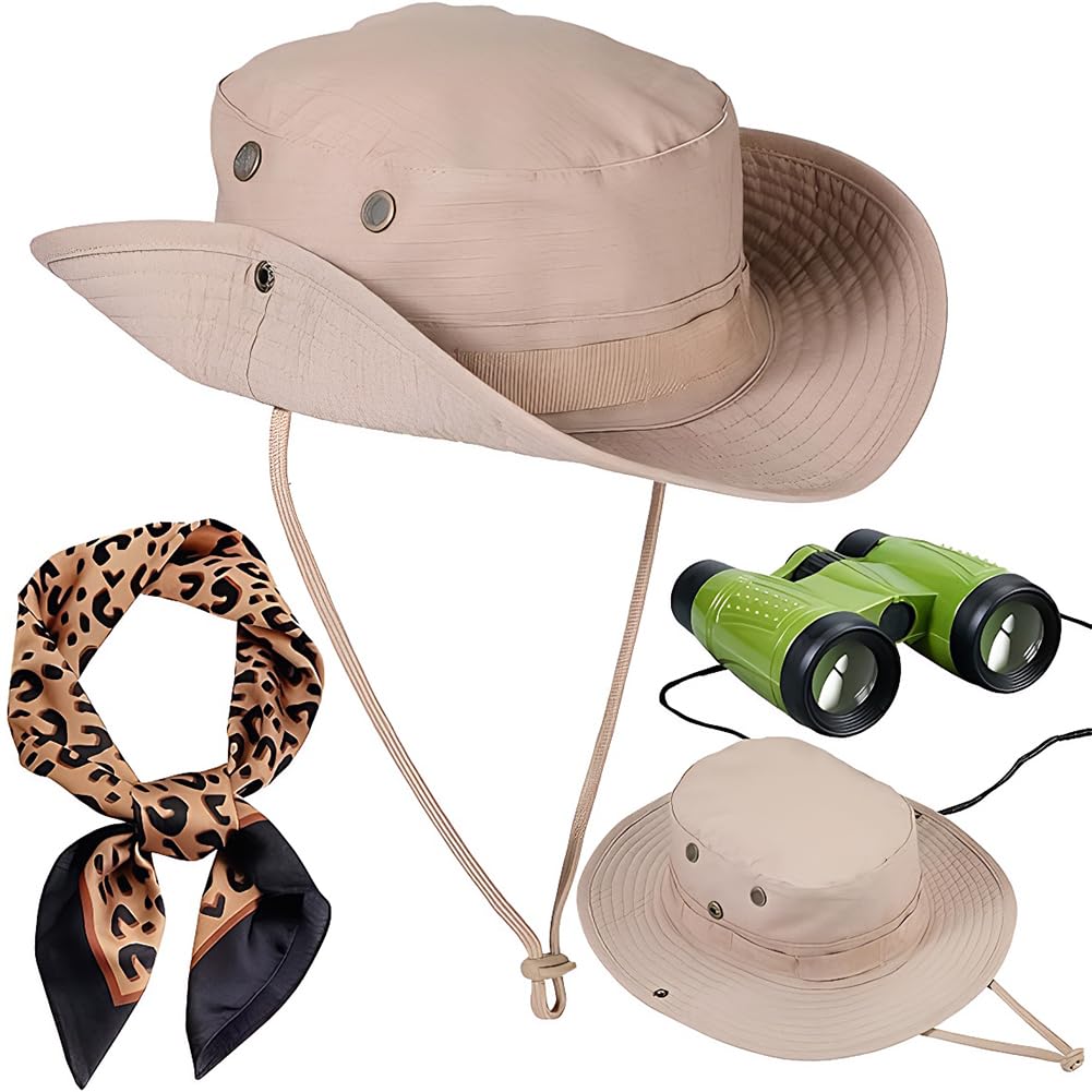 FCXVXCL 3 PCS Safari Costume Accessories Set, Explorer Zoo Keeper Costume, Safari Sun Hat, with Leopard Print Scarf Green Binoculars for Women Dress Up, Safaris Outfit Accessories for Cosplay Party