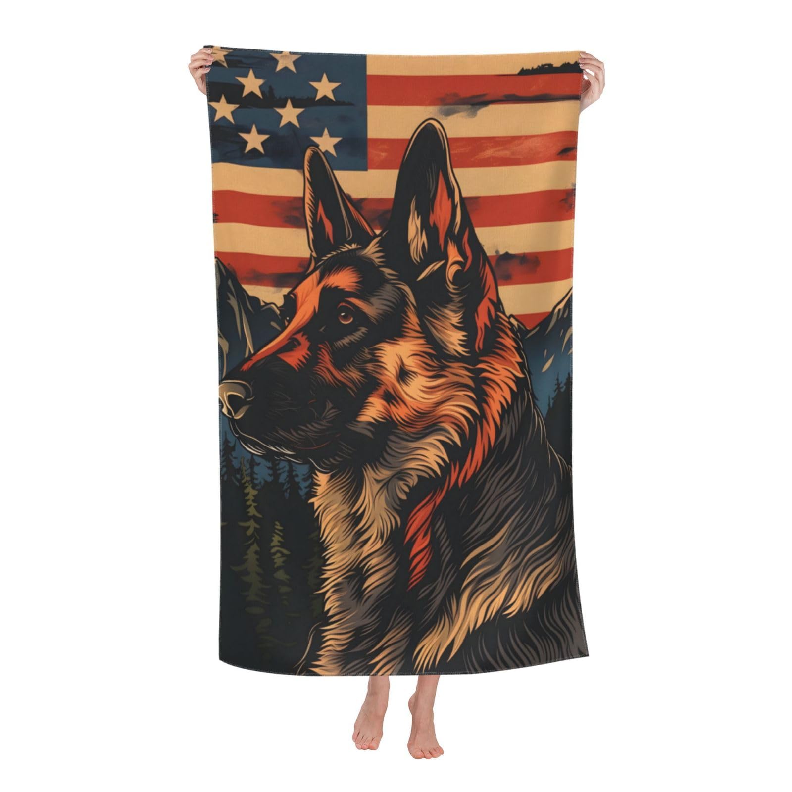 HLBSDM Patriotic German Shepherd Beach Towel Microfiber Quick Dry Oversized Sand Proof Lightweight Bath Pool Majestic Dog Towel for Adults Kids Soft Absorbent Towels for Travel Sports 32×52 in