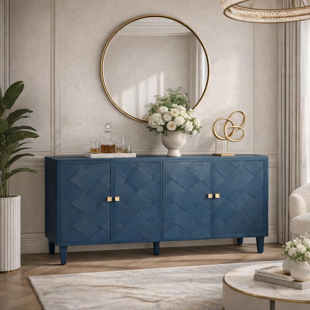 Merax 59.8" Wood Sideboard Buffet Cabinet, Storage Cabinet with Doors and Shelves, Modern Console Table with Solid Wood Legs for Dining Room, Living Room, Entryway, Navy Blue Finish
