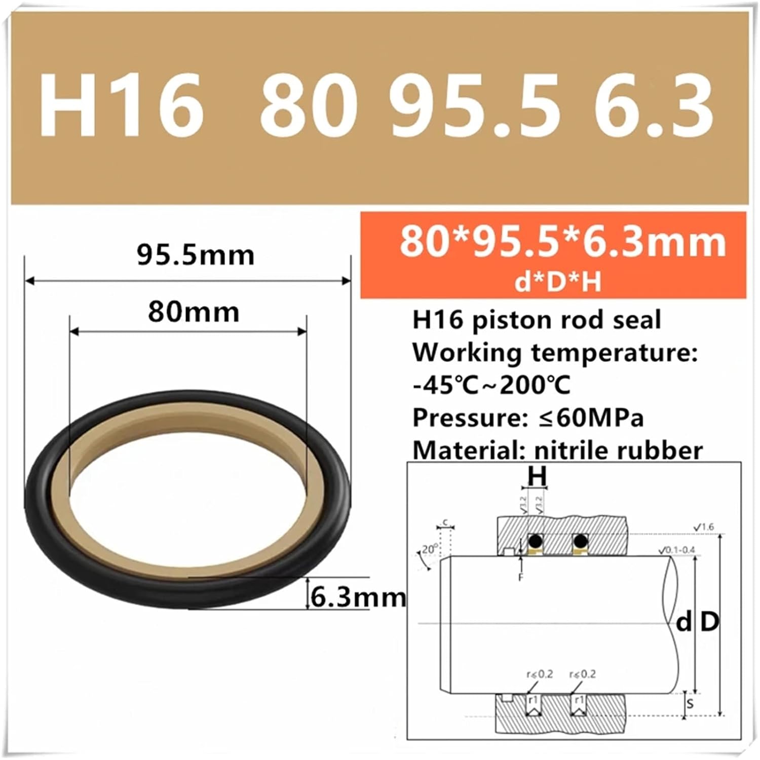 Piston Rod/Shaft Seal/Gray Ring/Guide Ring/Hydraulic Cylinder wear Ring 40~180mm Inner Diameter H16 Series Combined Sealing Ring(H16 80 95.5 6.3)
